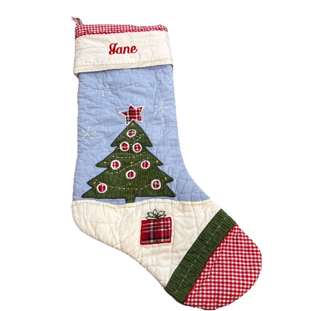 Pottery Barn Kids Quilted Christmas Stocking Christmas Tree Blue Gingham ~ Jane